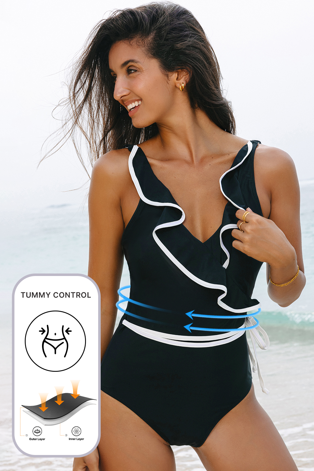 Black Color Contrast Ruffled Wrap V Neck Swimsuit-Chaelisa's New Jammies