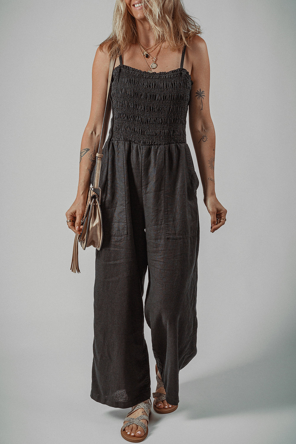 Black Spaghetti Straps Shirred Bodice Pocketed Wide Leg Jumpsuit-Chaelisa's New Jammies