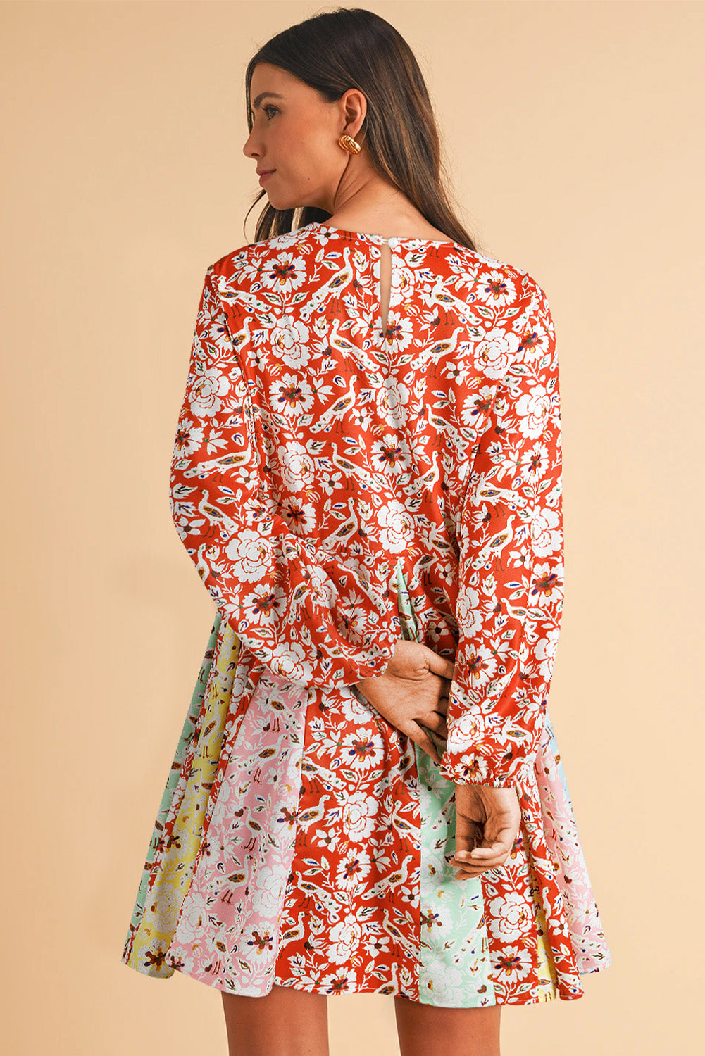 Red Colorful Floral Patchwork Long Sleeve Pleated Mini Dress-Chaelisa's New Jammies