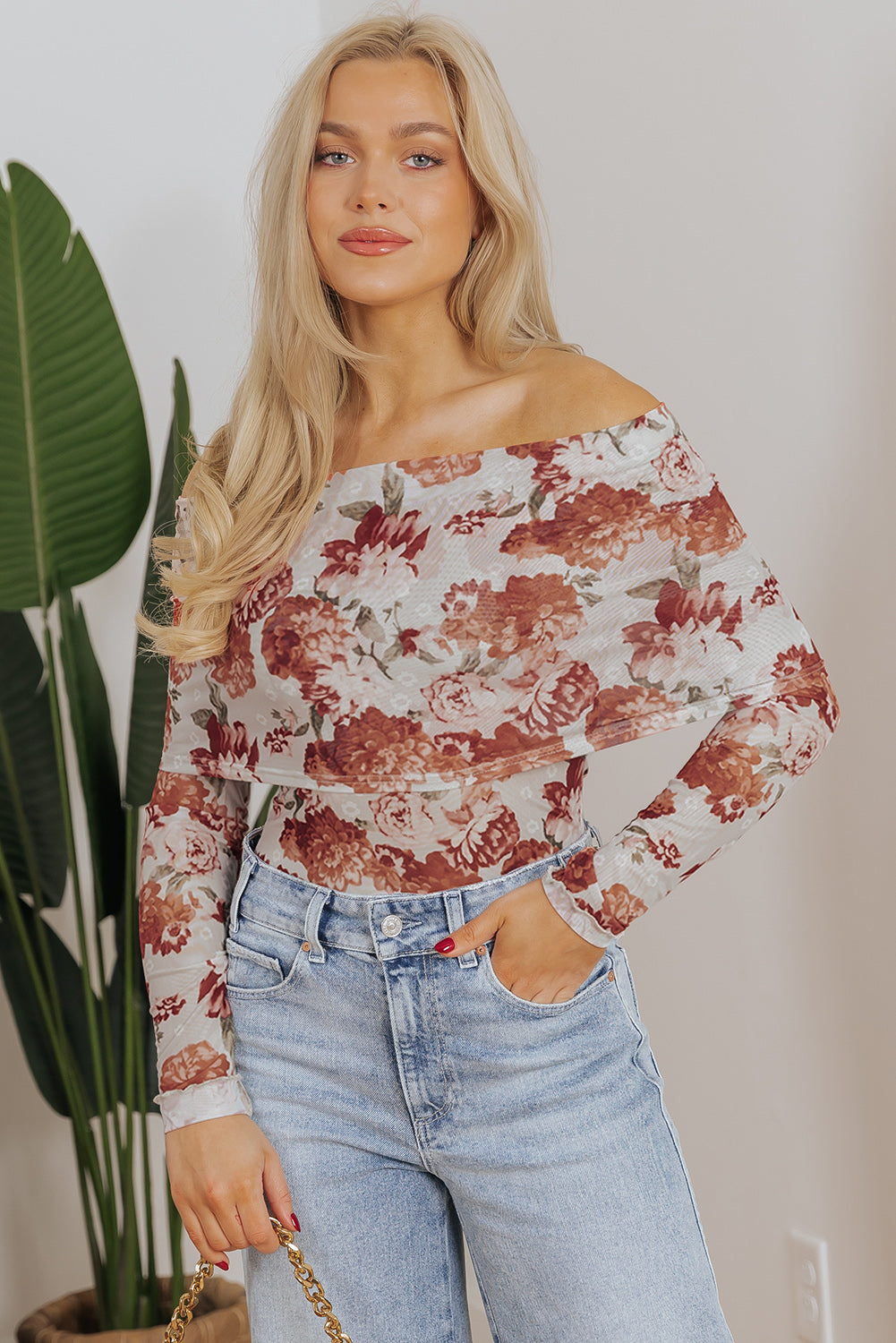 Pink Floral Printed Long Sleeve Sheath Bodysuit-Chaelisa's New Jammies