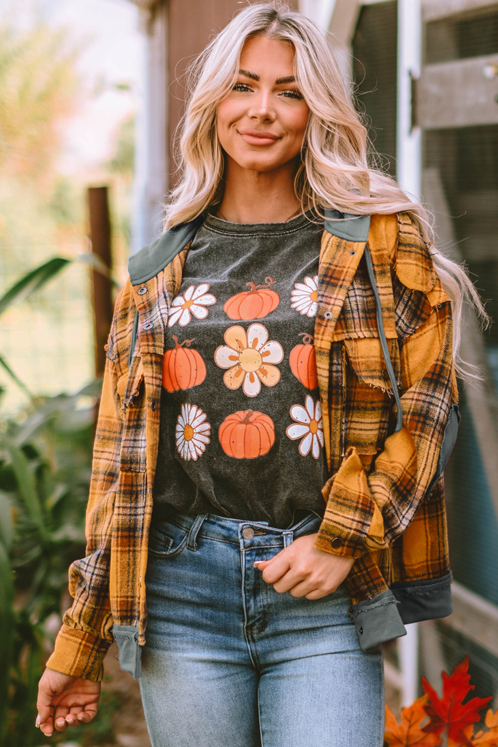 Orange Plaid Patch Hooded Frayed Snap Button Jacket-Chaelisa's New Jammies