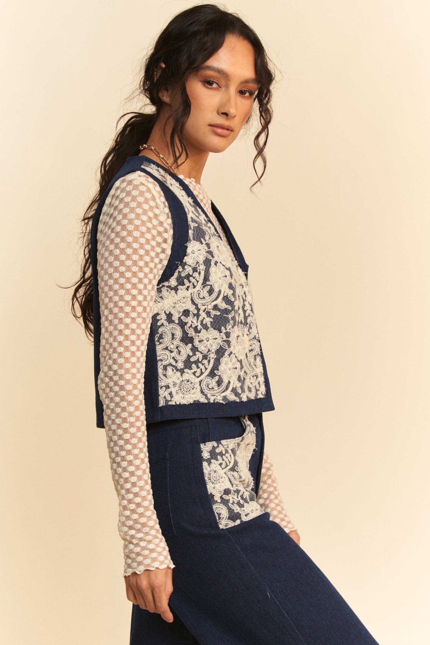 Davi & Dani Lace Patch Open Front Denim Vest-Chaelisa's New Jammies
