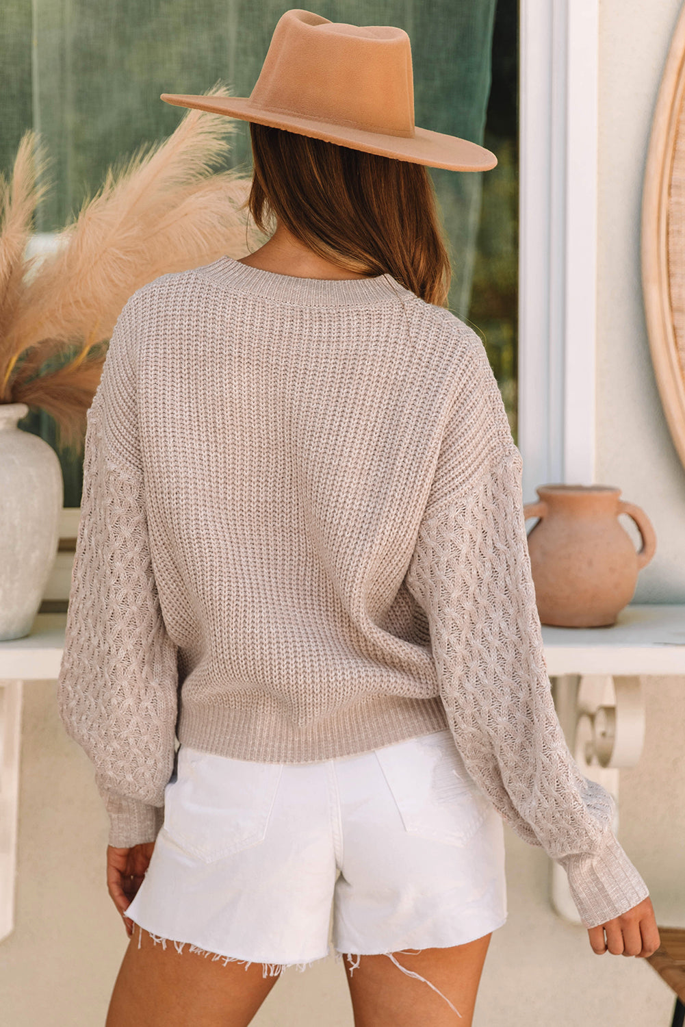 Parchment Cable Knit Sleeve Drop Shoulder Sweater-Chaelisa's New Jammies