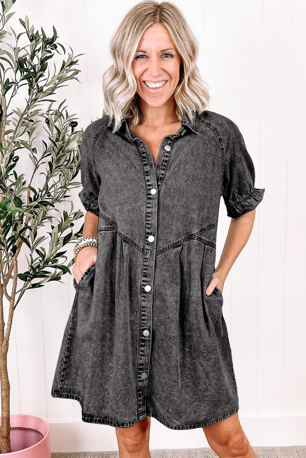 Medium Grey Mineral Wash Ruffled Short Sleeve Buttoned Denim Dress-Chaelisa's New Jammies
