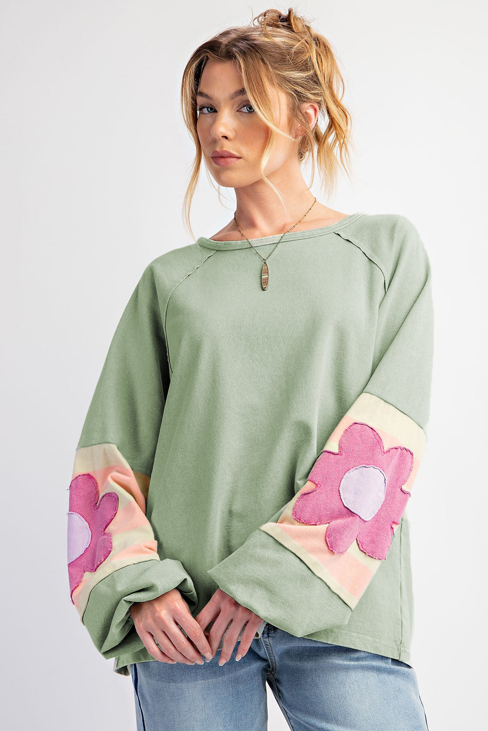 Smoke Green Flower Patchwork Raglan Sleeve Exposed Seam Oversized Top-Chaelisa's New Jammies