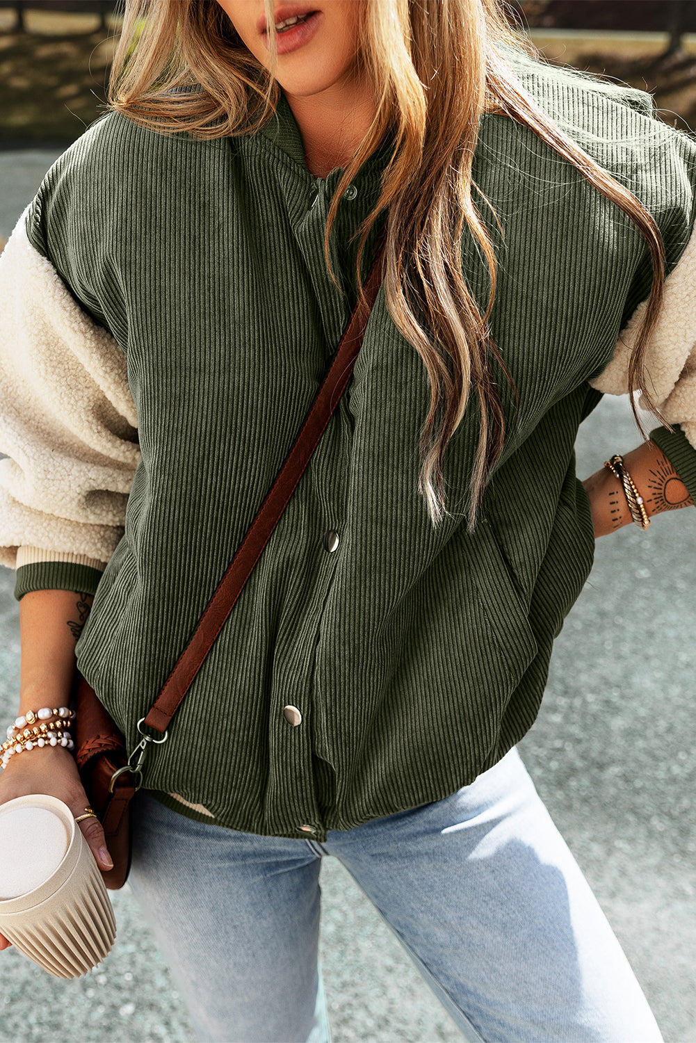 Mist Green Corduroy Fleece Patchwork Buttoned Bomber Jacket-Chaelisa's New Jammies