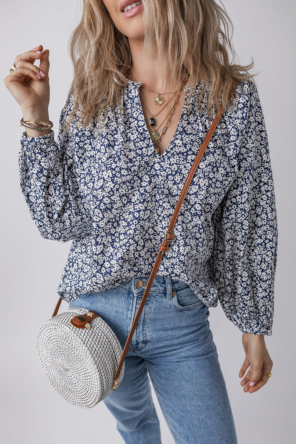 Blue Floral Print Notched V Neck Puff Sleeve Blouse-Chaelisa's New Jammies