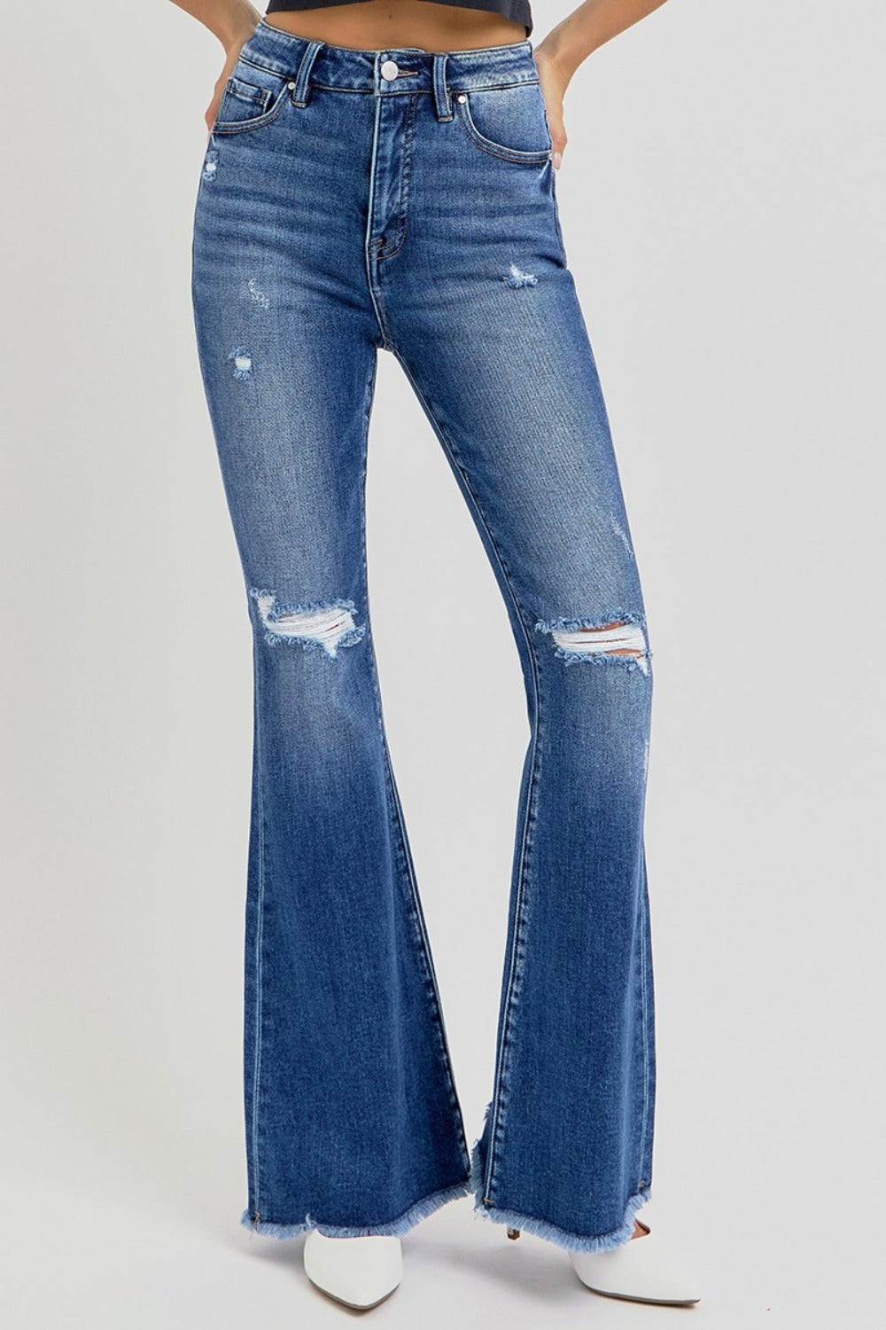 RISEN Full Size High Rise Distressed Raw Hem Flare Jeans-Chaelisa's New Jammies