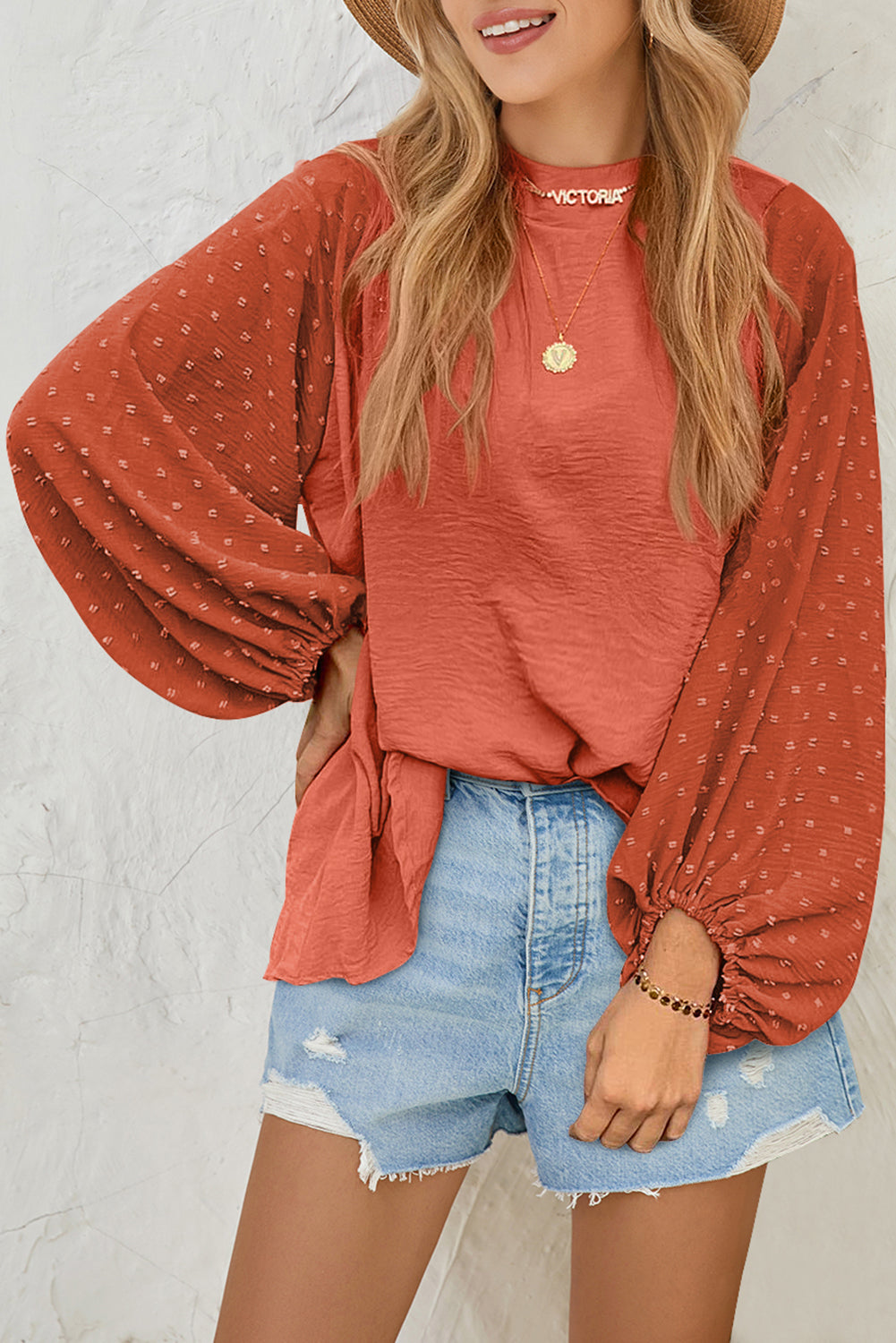 Russet Orange Swiss Dot Balloon Sleeve Patchwork Crinkle Blouse-Chaelisa's New Jammies
