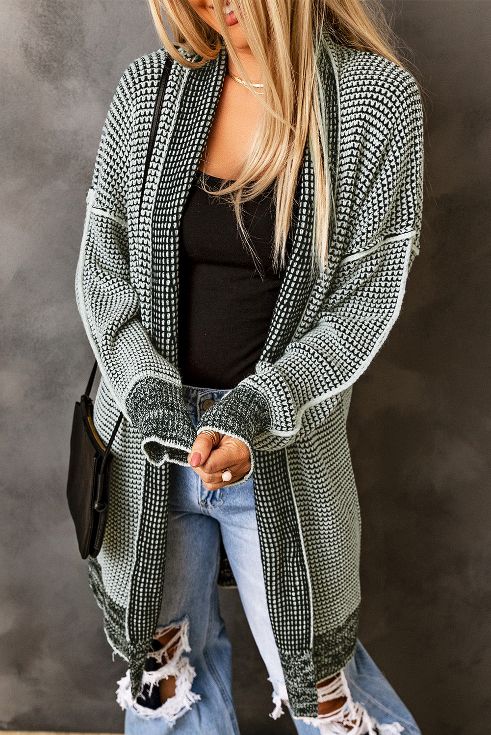 Gray Plaid Knitted Long Open Front Cardigan-Chaelisa's New Jammies