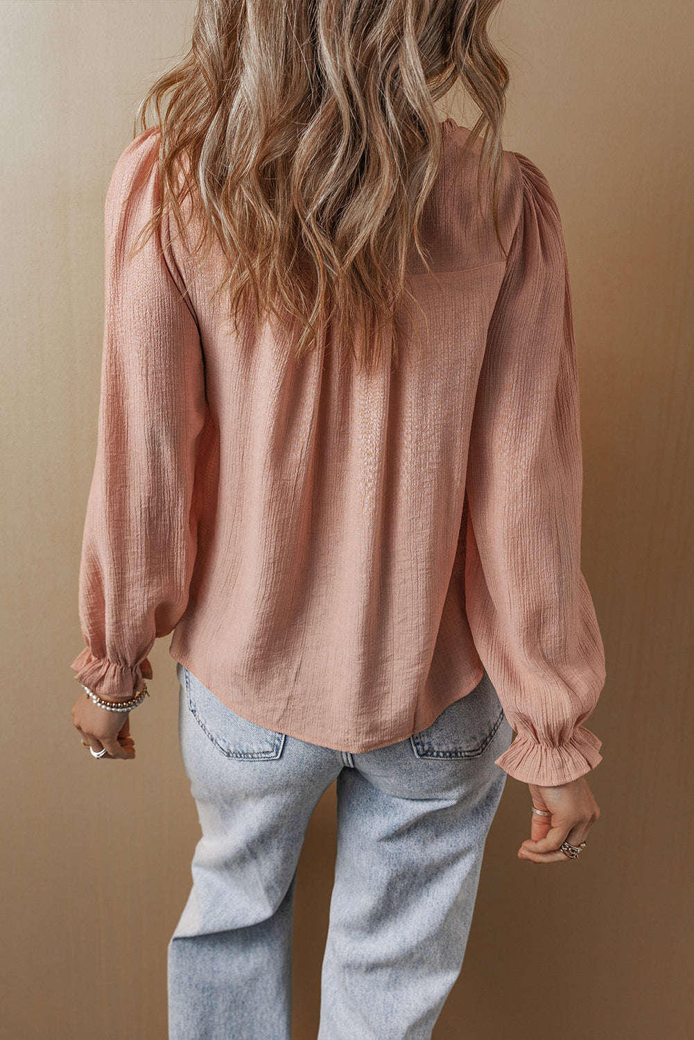 Gossamer Pink Floral Embroidered Textured Flounce Sleeve Elegant Blouse-Chaelisa's New Jammies