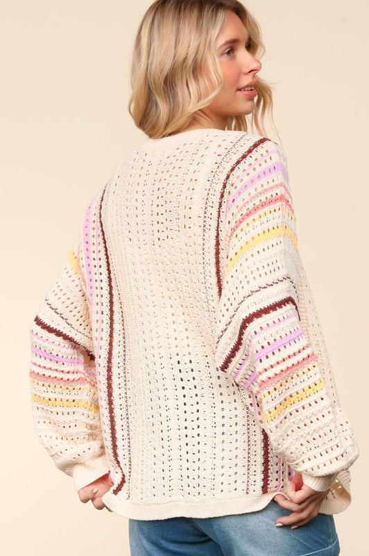 Haptics Full Size Striped Crochet Open Front Cardigan-Chaelisa's New Jammies