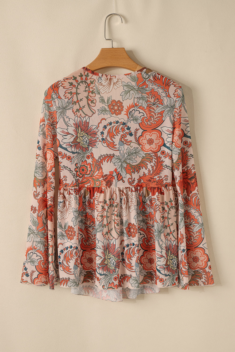 Orange Floral Print Deep V Neck Knot Bell Sleeve Blouse-Chaelisa's New Jammies