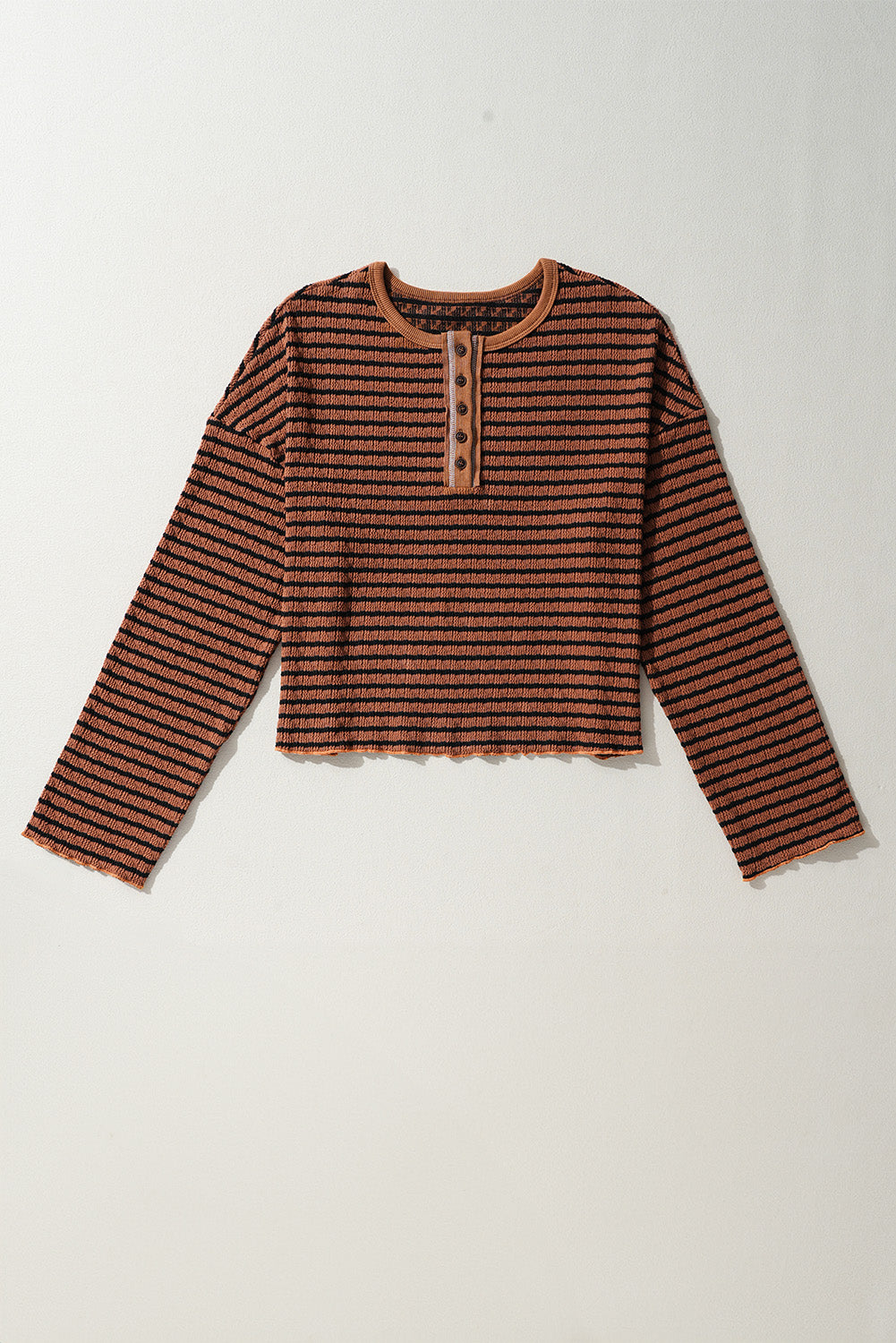 Brown Stripe Textured Frilly Trim Buttons Henley Long Sleeve Top-Chaelisa's New Jammies