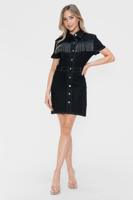 bytos Full Size Embellished Button Down Short Sleeve Denim Dress-Chaelisa's New Jammies