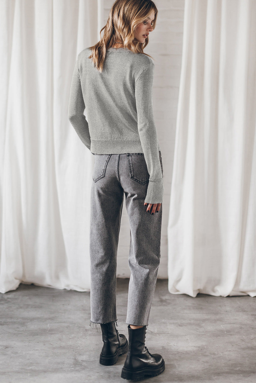Gray Solid Color Thumbhole Sleeve Ribbed Edge Sweater-Chaelisa's New Jammies
