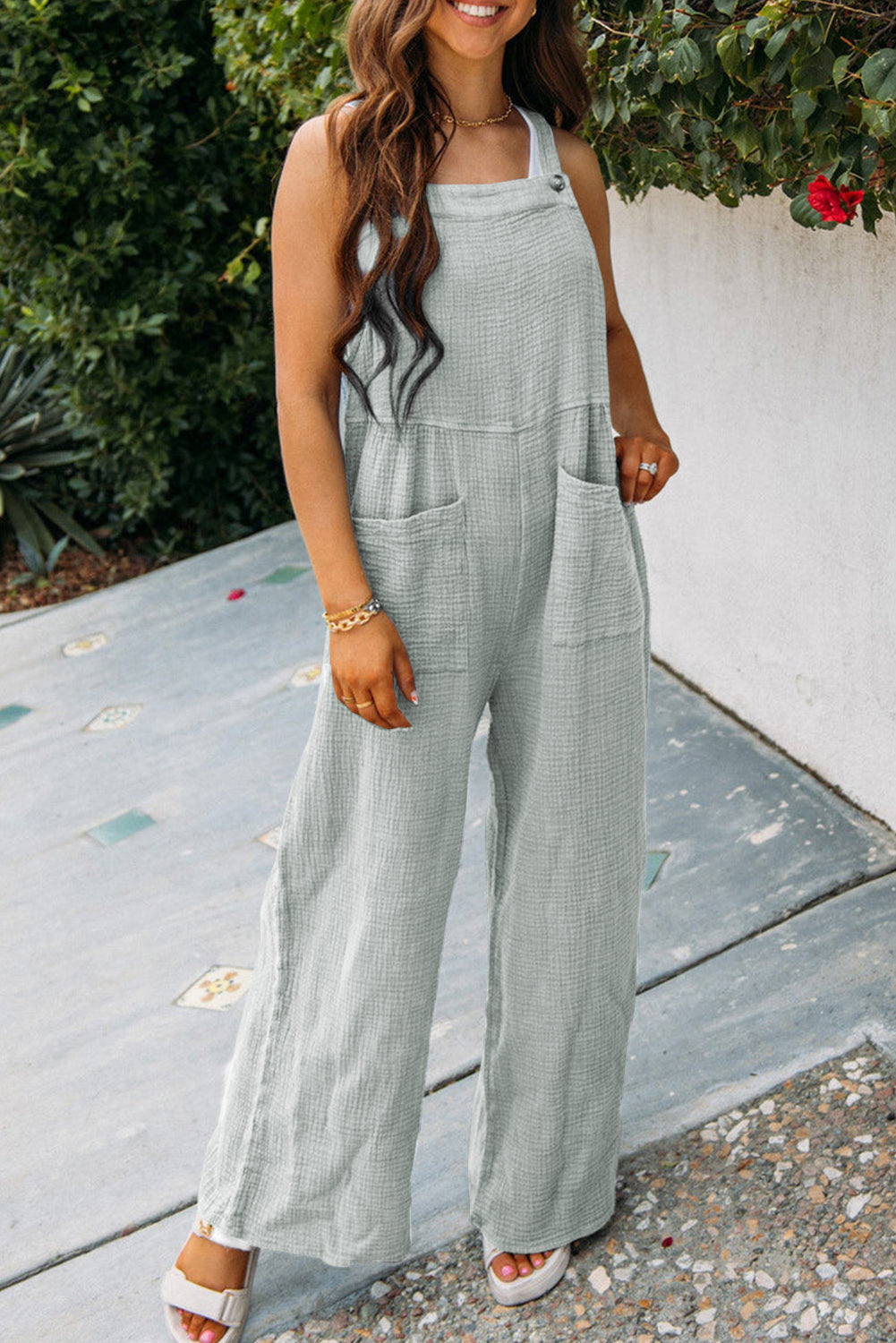 Gray Textured Wide Leg Overall with Pockets-Chaelisa's New Jammies