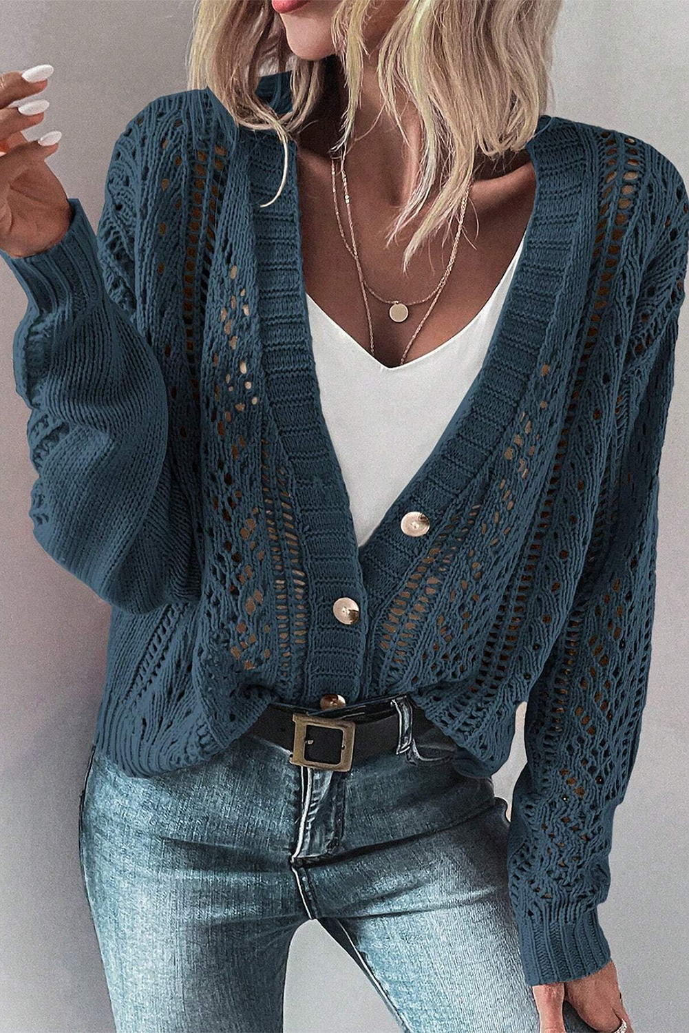 Dark Khaki Hollow Knit Drop Shoulder Cardigan-Chaelisa's New Jammies