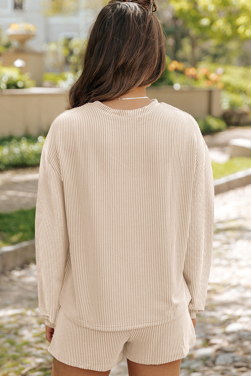 Parchment Corded Knit Long Sleeve Top and High Waist Shorts Set-Chaelisa's New Jammies