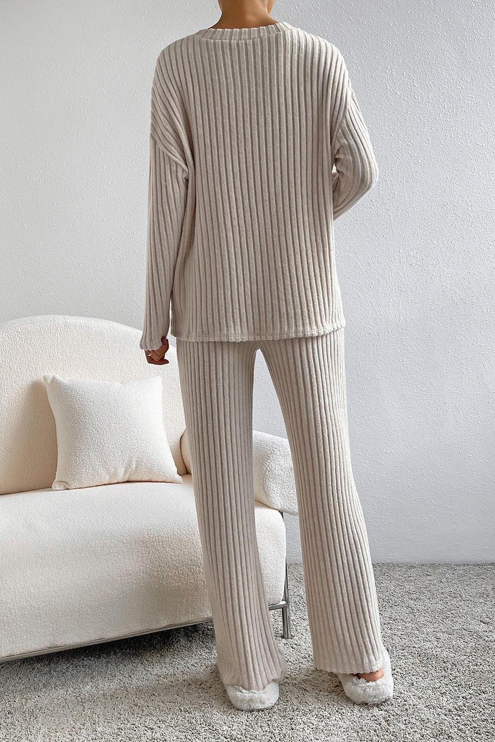 Khaki Ribbed Knit V Neck Slouchy Two-piece Outfit-Chaelisa's New Jammies