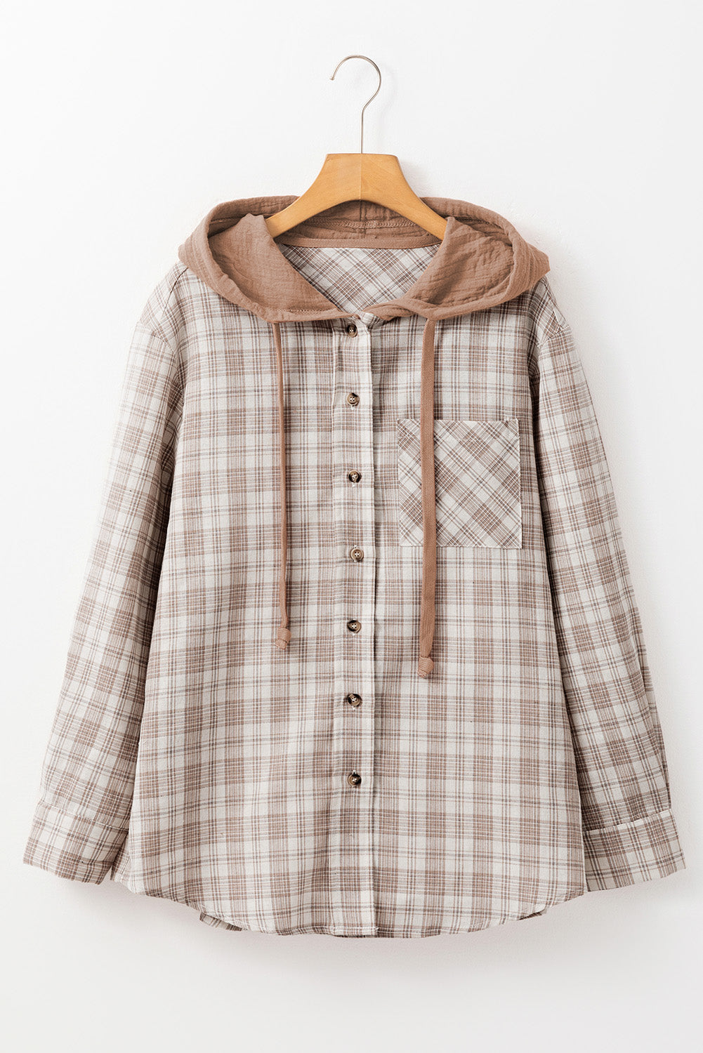 Khaki Checkered Print Loose Fit Buttoned Hooded Shacket-Chaelisa's New Jammies