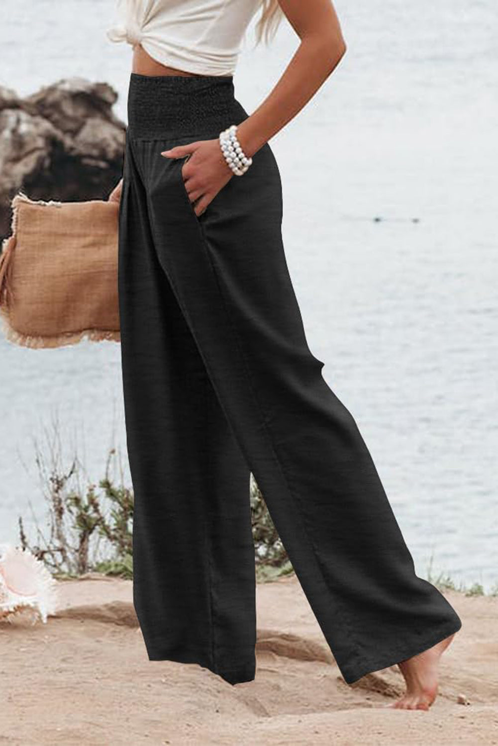 Black Shirred High Waist Plus Size Wide Leg Pants-Chaelisa's New Jammies