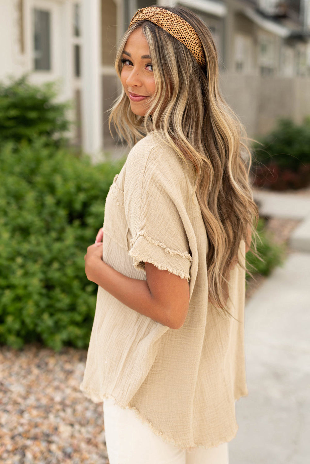 Parchment Crinkle Textured Frayed Trim Half Button Short Sleeve Top-Chaelisa's New Jammies