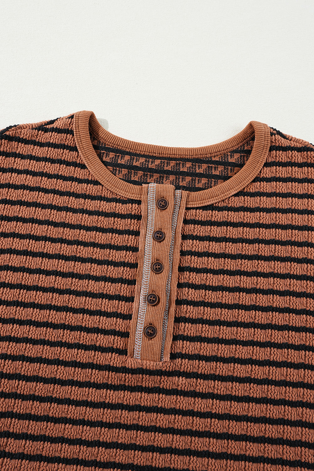 Brown Stripe Textured Frilly Trim Buttons Henley Long Sleeve Top-Chaelisa's New Jammies