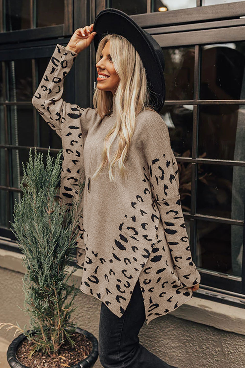 Khaki Leopard Casual Side Slit High Neck Oversized Sweater-Chaelisa's New Jammies