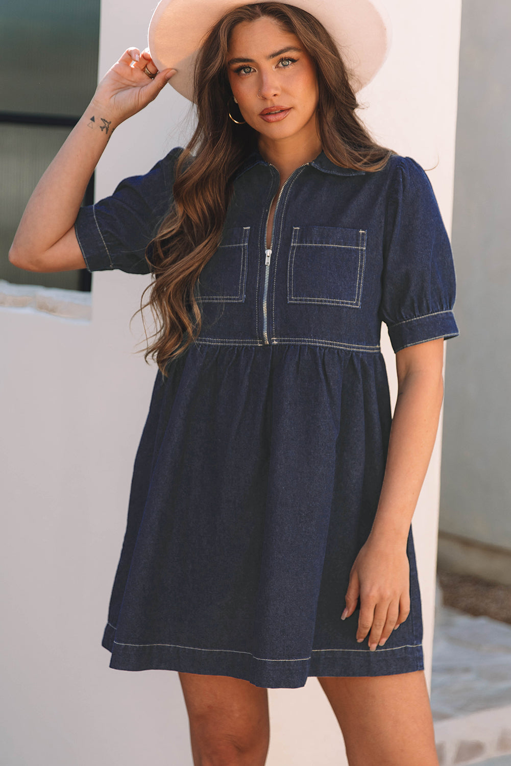 Dirty blue Zipped up Bodice Collared Short Puff Sleeve Denim Dress-Chaelisa's New Jammies