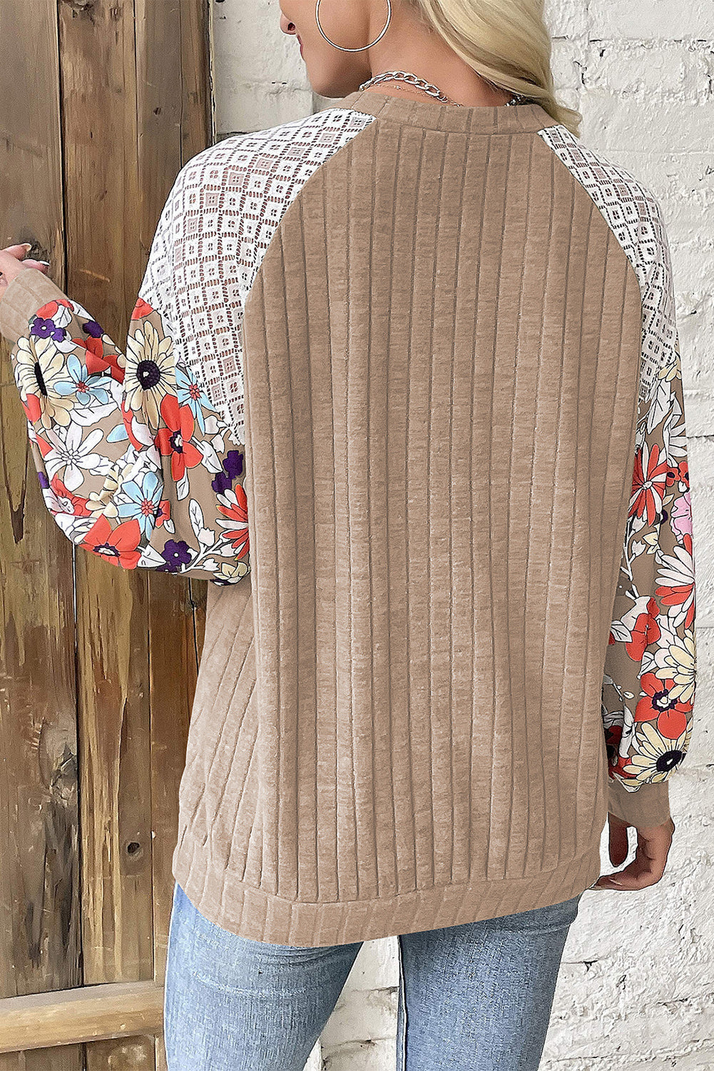 Parchment Floral Patchwork Long Sleeve Ribbed Blouse-Chaelisa's New Jammies