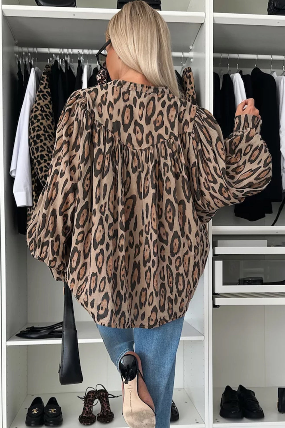 Light French Beige Oversized Leopard Print Balloon Sleeve Casual Shirt-Chaelisa's New Jammies