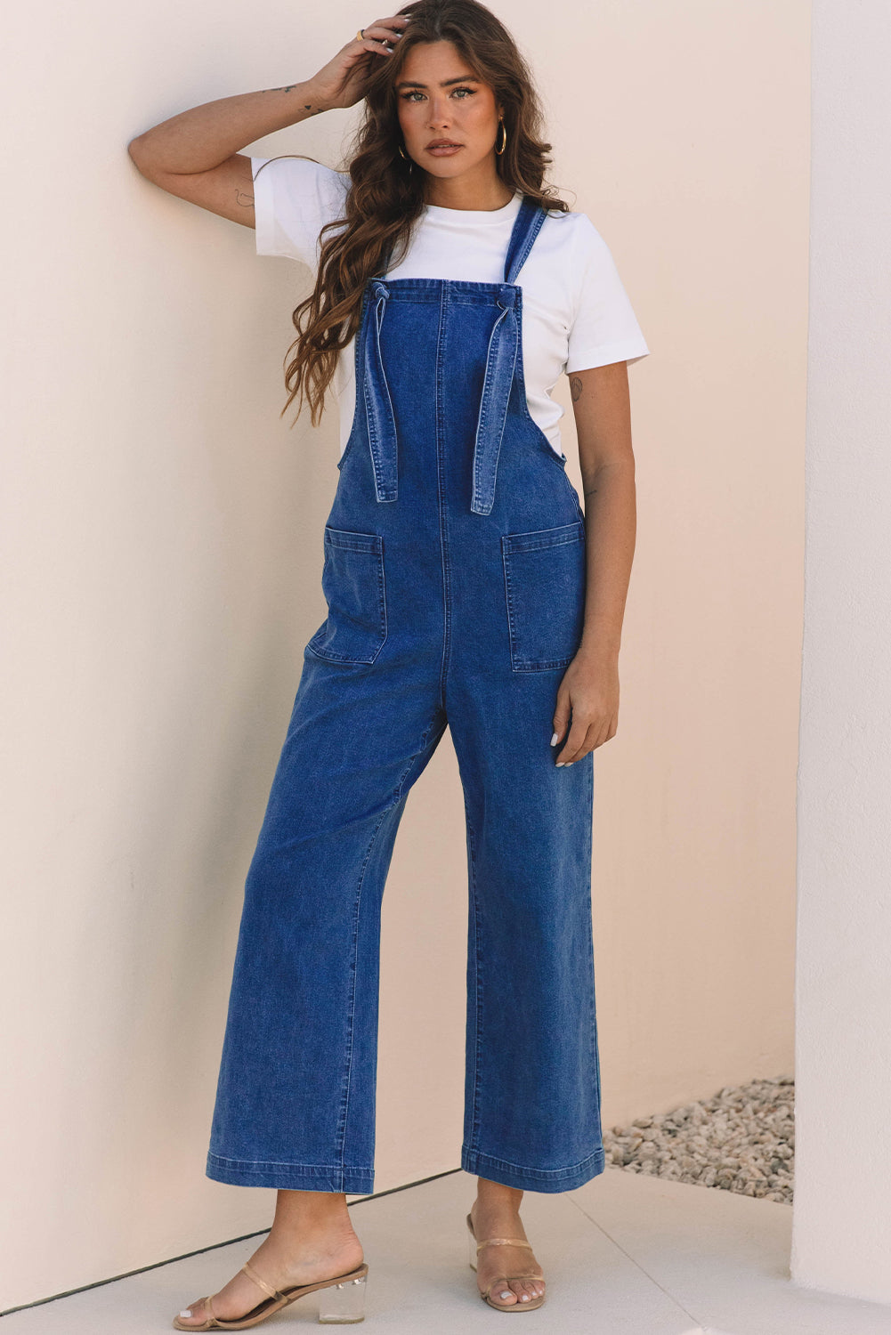 Prussian Blue Mineral Wash Knotted Strap Patched Pocket Wide Leg Denim Overalls-Chaelisa's New Jammies