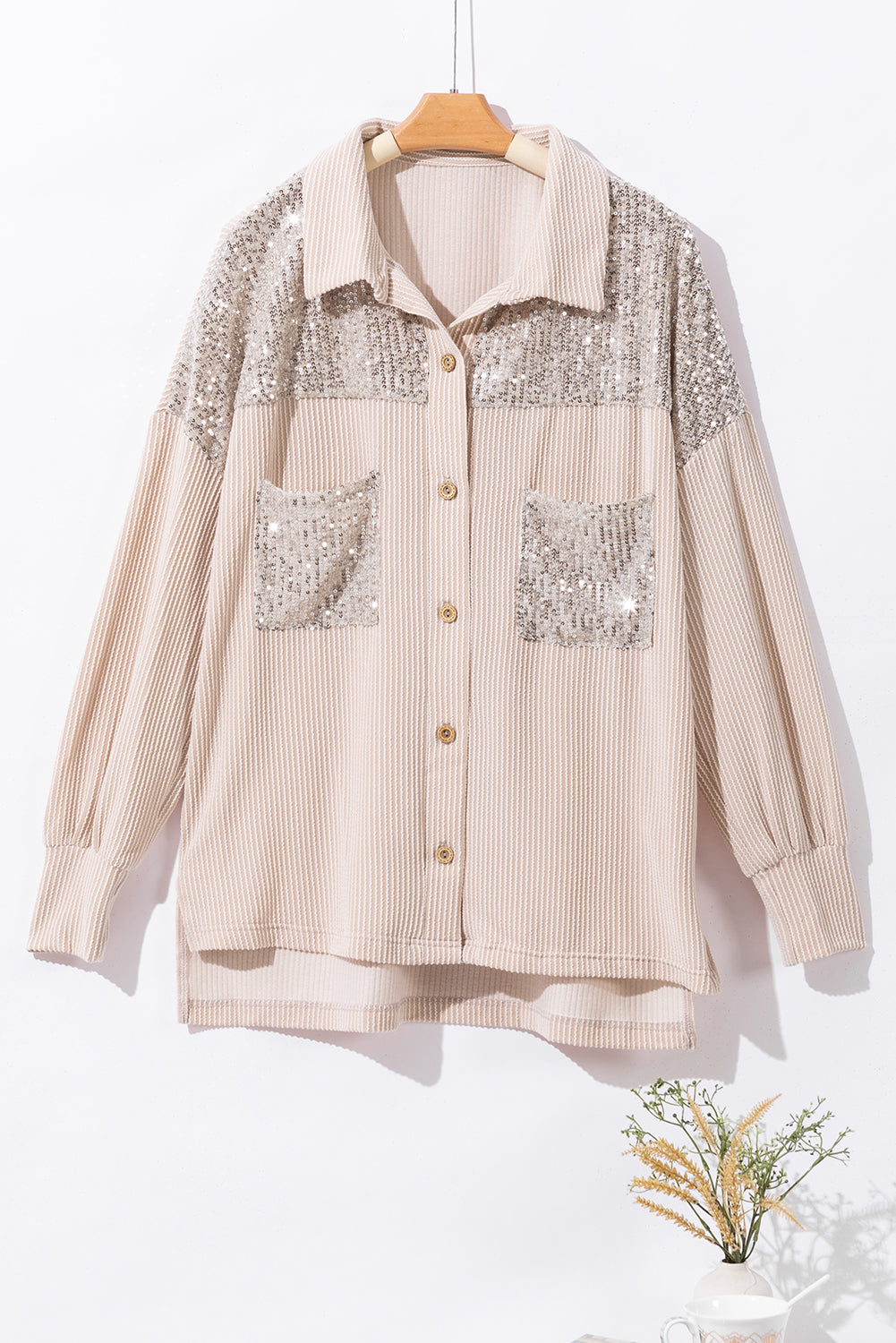 Parchment Sequin Patch Chest Pocket Corded Shacket-Chaelisa's New Jammies