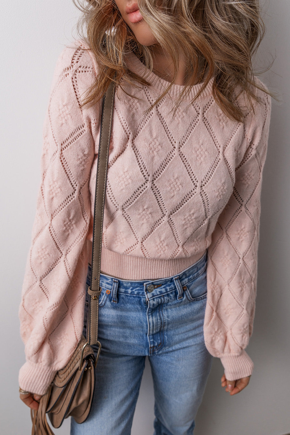 Gossamer Pink Openwork Plaid Puff Sleeve Cropped Sweater-Chaelisa's New Jammies