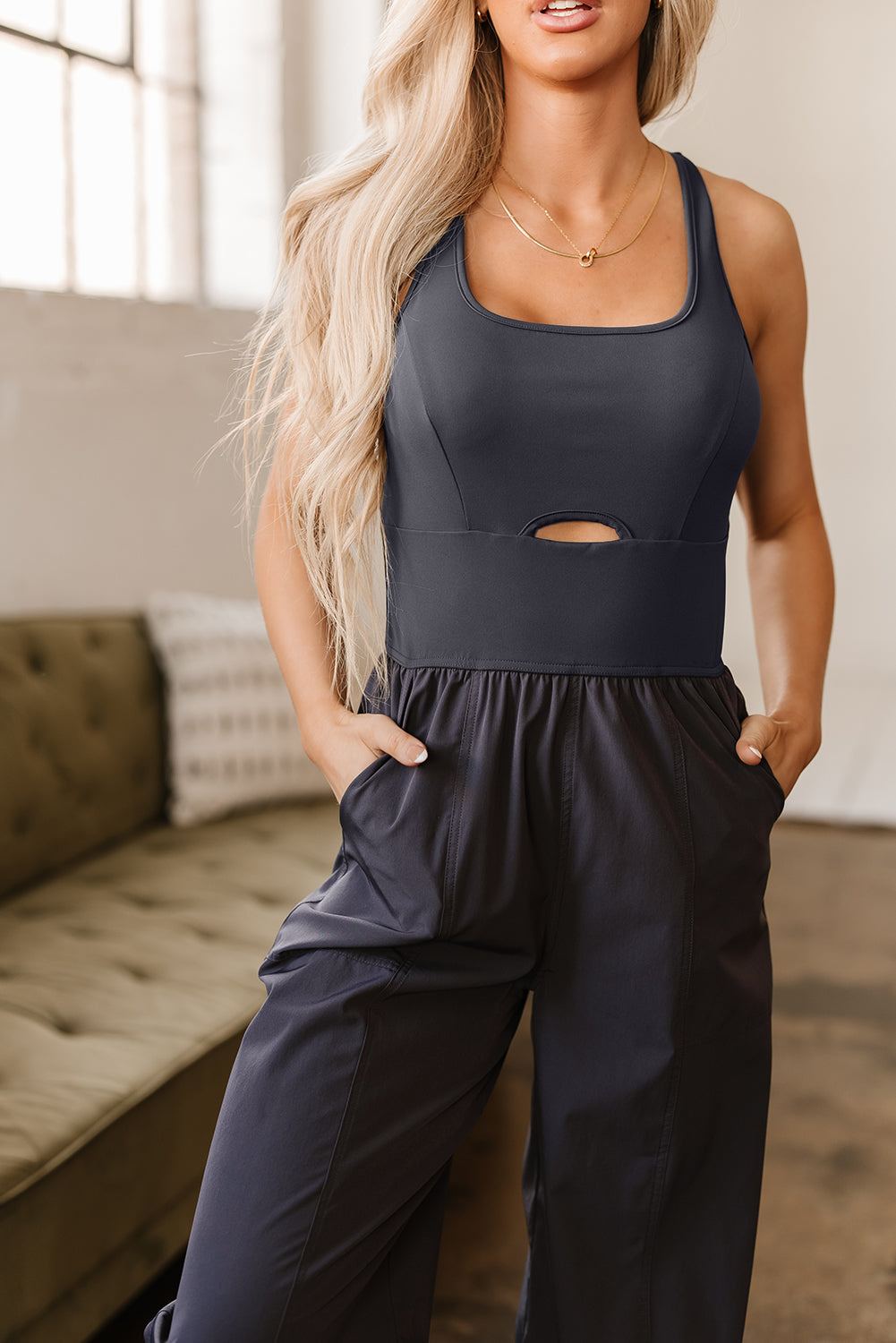Carbon Grey Back Crossed Straps Hollow Out Jogger Jumpsuit-Chaelisa's New Jammies