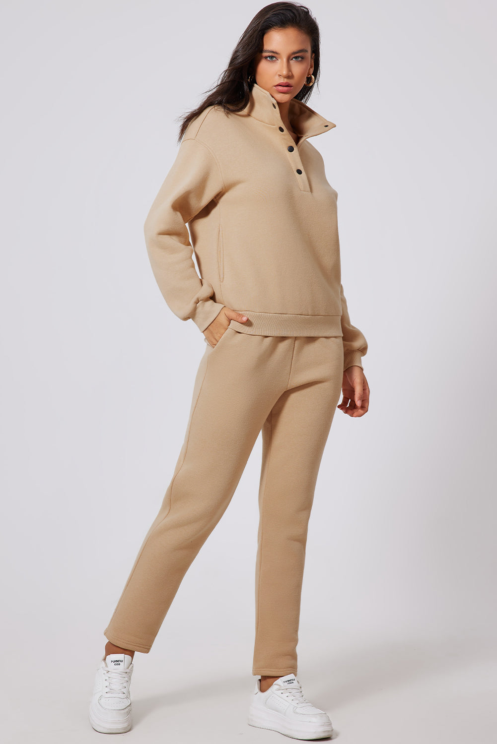 Parchment Solid Half Button Sweatshirt and High Waist Sweatpants Set-Chaelisa's New Jammies