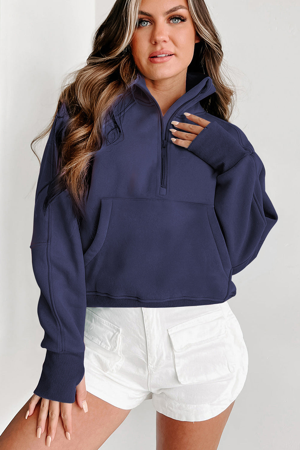 Gray Zip Up Stand Collar Ribbed Thumbhole Sleeve Sweatshirt-Chaelisa's New Jammies