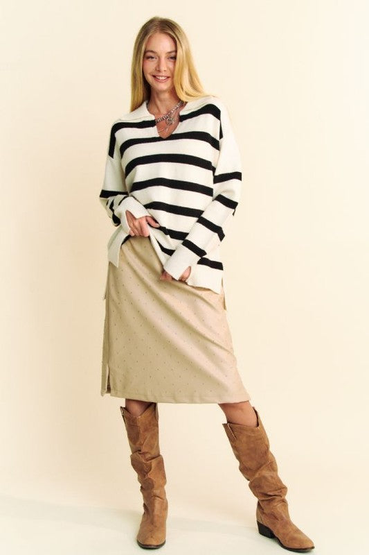 Davi & Dani High-Low Side Slit Striped Johnny Collar Sweater-Chaelisa's New Jammies