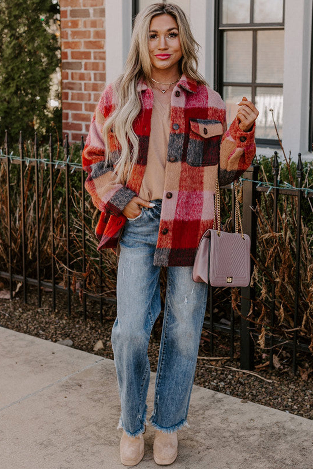 Orange Plaid Print Flap Pockets Buttoned Casual Plus Size Jacket-Chaelisa's New Jammies