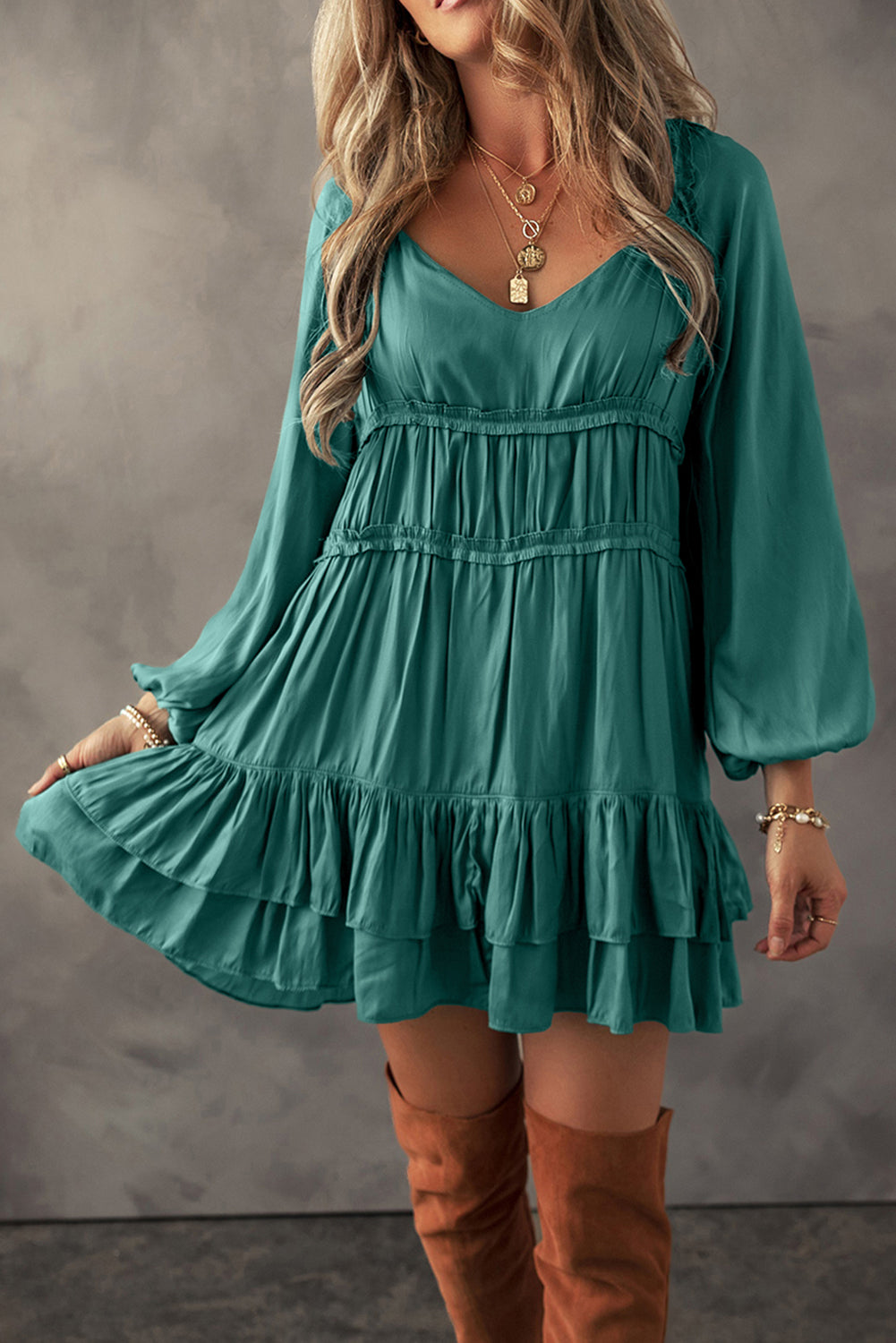 Mist Green Tiered Ruffled Puff Sleeve Loose Fit Mini Dress-Chaelisa's New Jammies