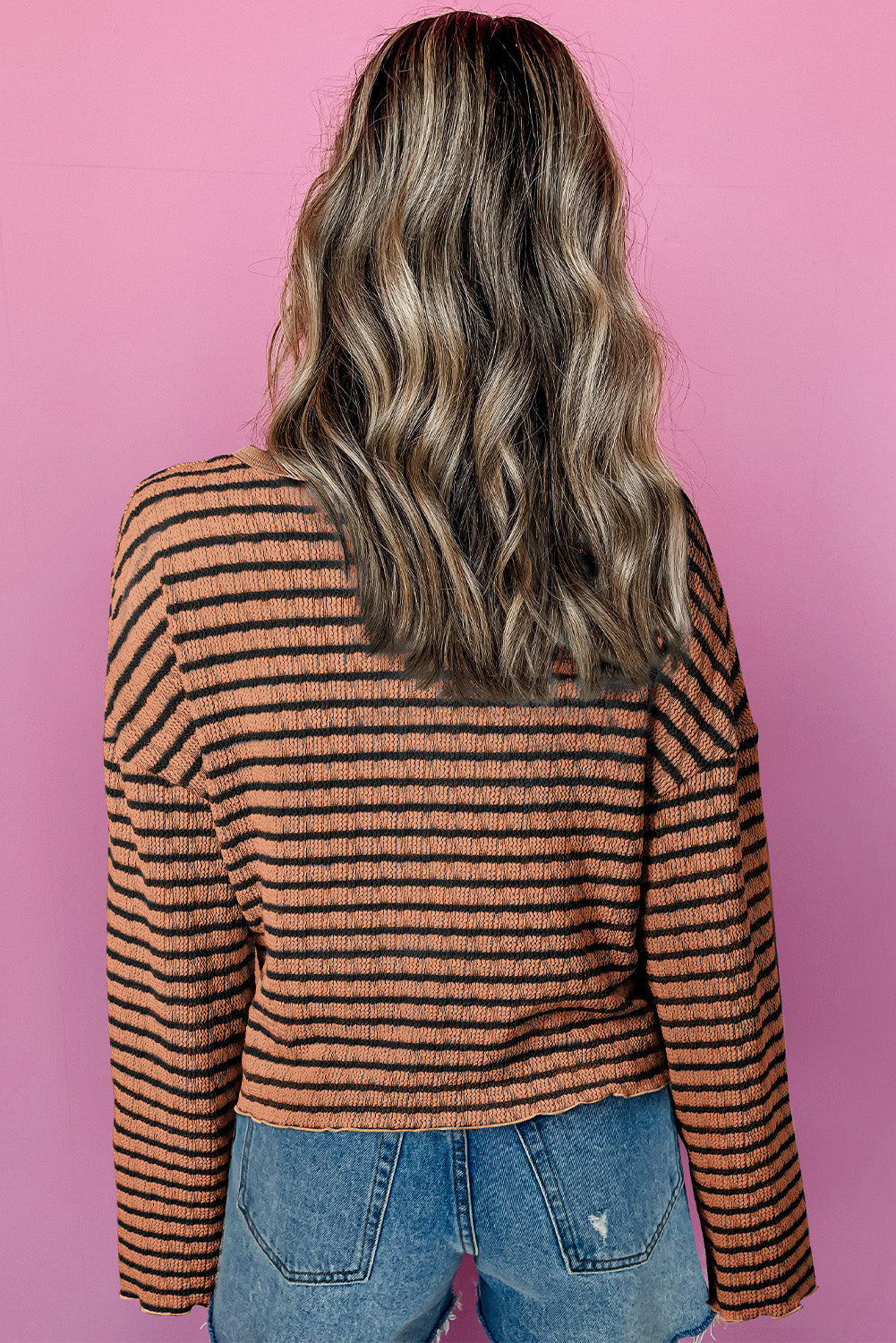 Brown Stripe Textured Frilly Trim Buttons Henley Long Sleeve Top-Chaelisa's New Jammies