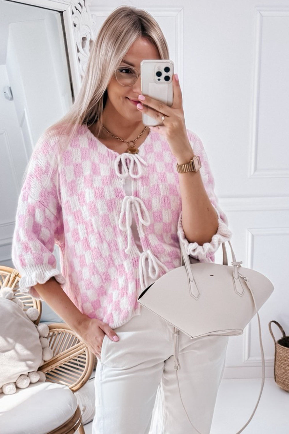 Light Pink Checkered Knitted Lace-up Ruffled 3/4 Sleeve Cardigan-Chaelisa's New Jammies