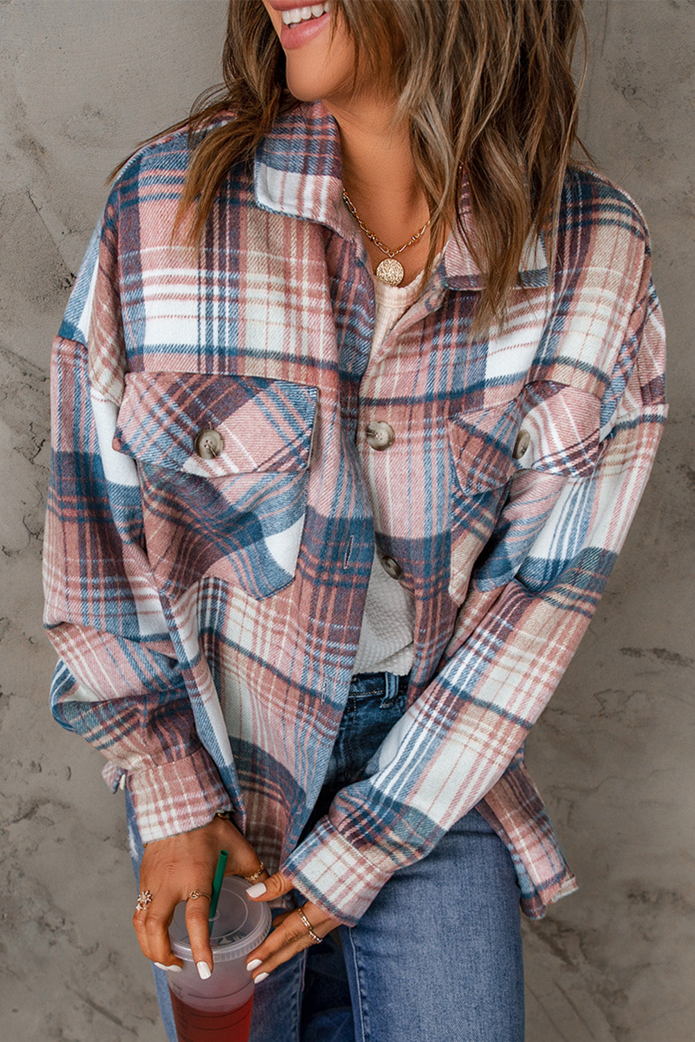Pink & Grey Plaid Button Up Collared Flannel Shacket-Chaelisa's New Jammies