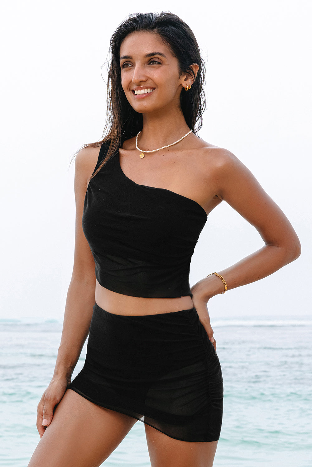 Black Pleated Mesh One Shoulder Bikini Top and Skirts Set-Chaelisa's New Jammies