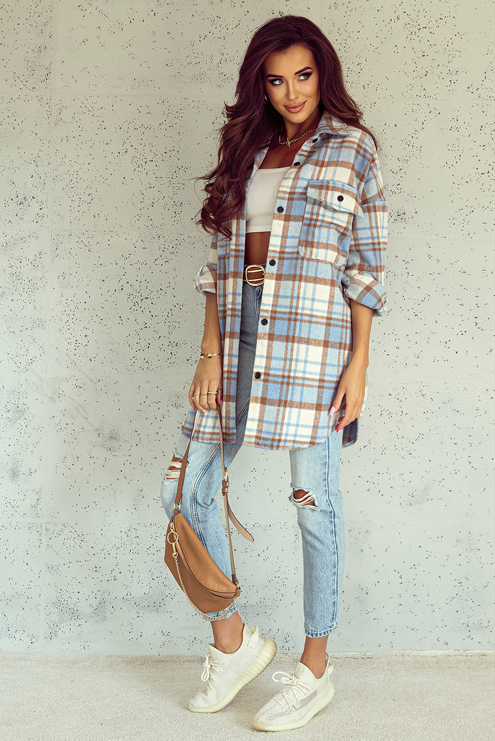 Sky Blue Plaid Flap Pocket Long Sleeve Shacket-Chaelisa's New Jammies