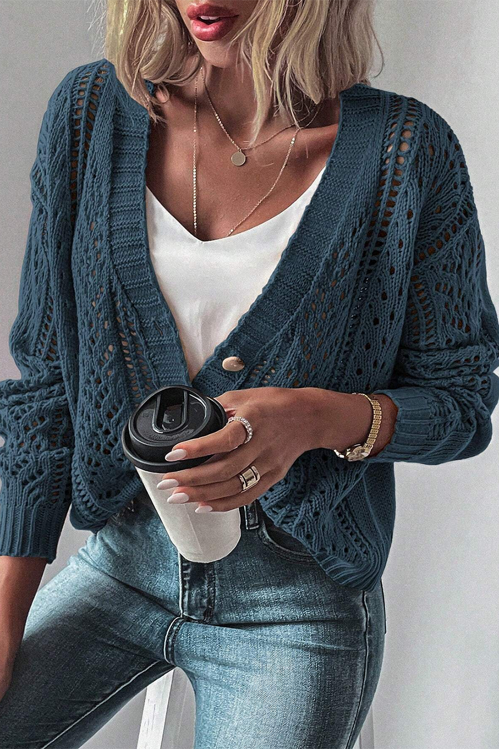Dark Khaki Hollow Knit Drop Shoulder Cardigan-Chaelisa's New Jammies