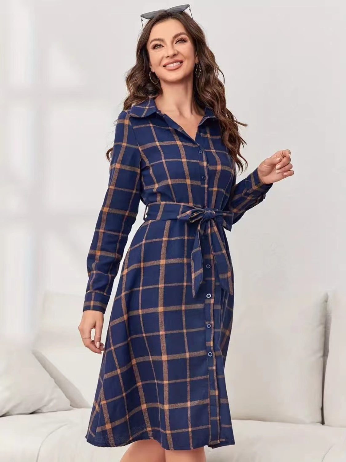 Plaid Tie Waist Long Sleeve Dress-Chaelisa's New Jammies