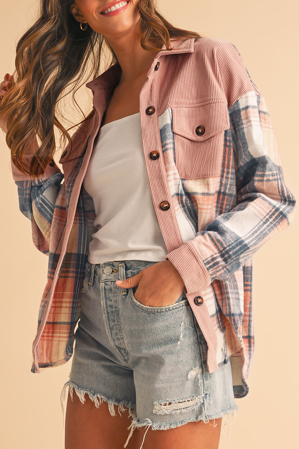 Light Pink Plaid Corduroy Patchwork Pocket Loose Shacket-Chaelisa's New Jammies