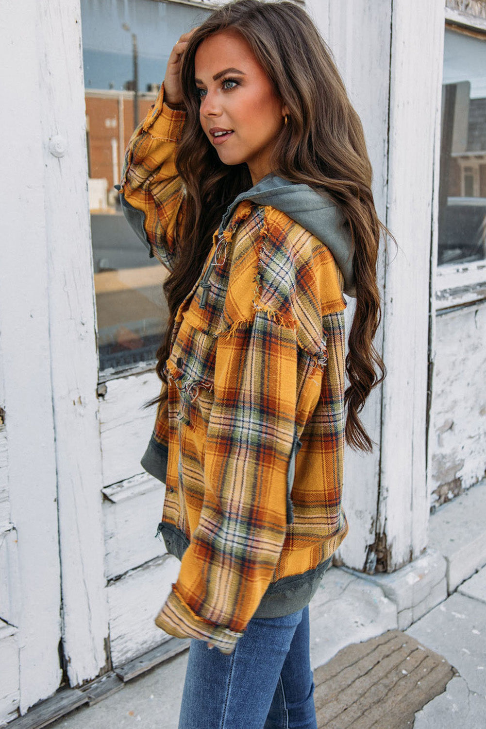 Orange Plaid Patch Hooded Frayed Snap Button Jacket-Chaelisa's New Jammies